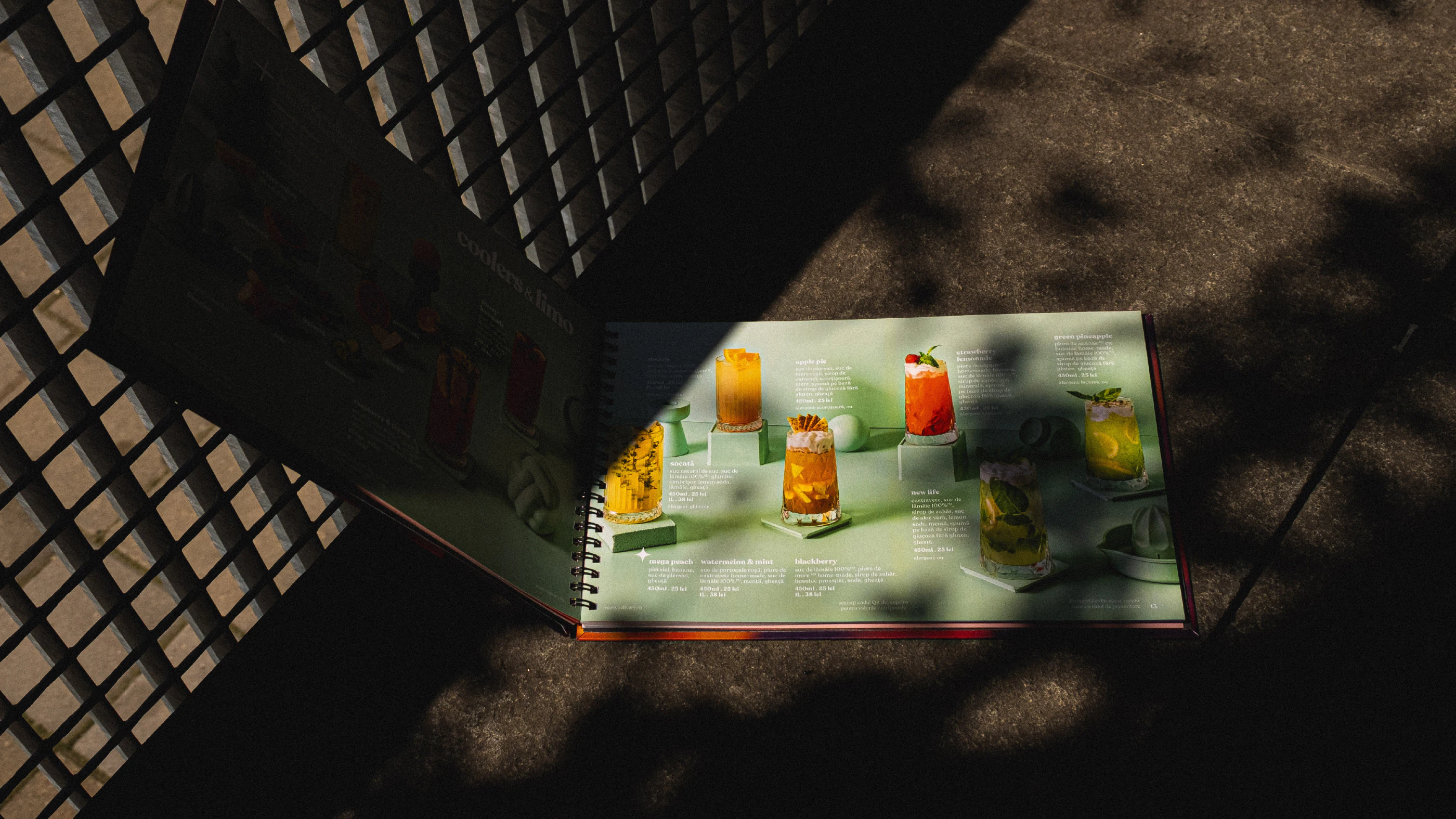 Open green Marty Restaurants drinks menu photographed in patterned shade
