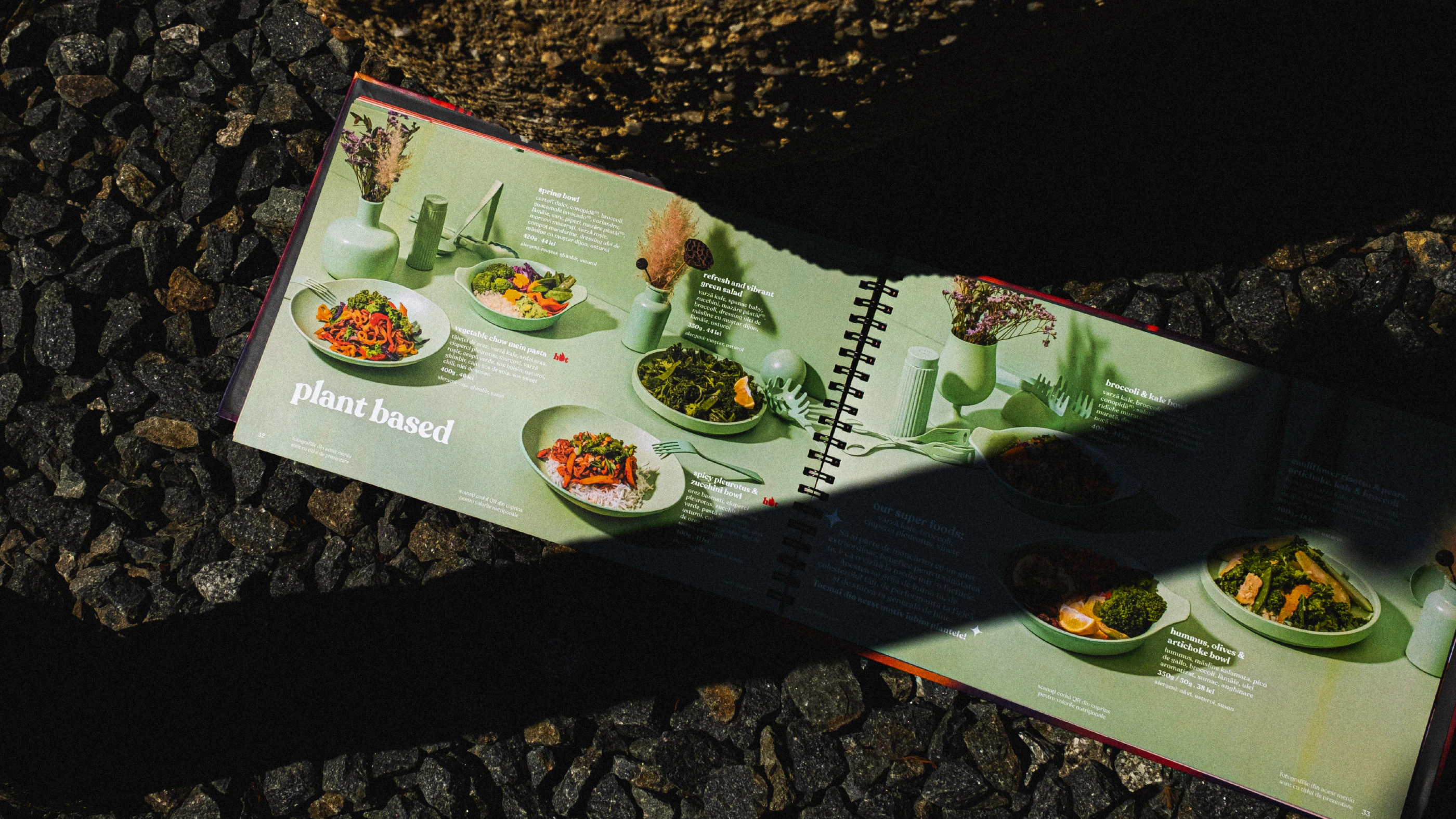 Open plant-based Marty Restaurants menu photographed beside dark gravel