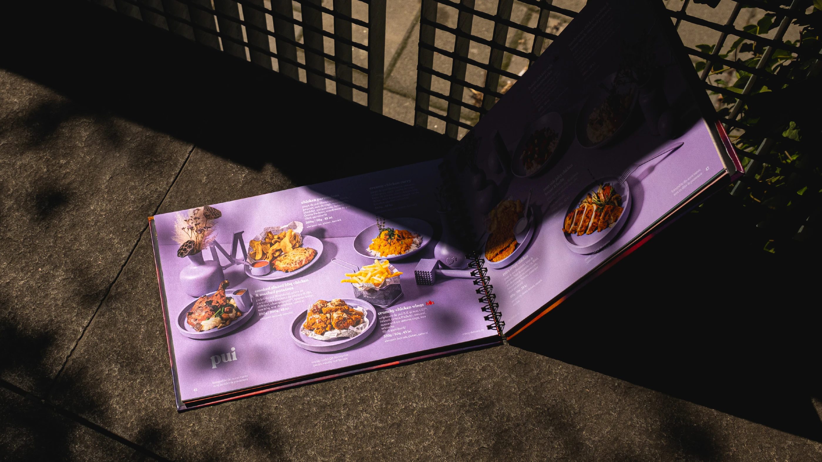 Open purple Marty Restaurants menu displaying plated dishes in sunlight