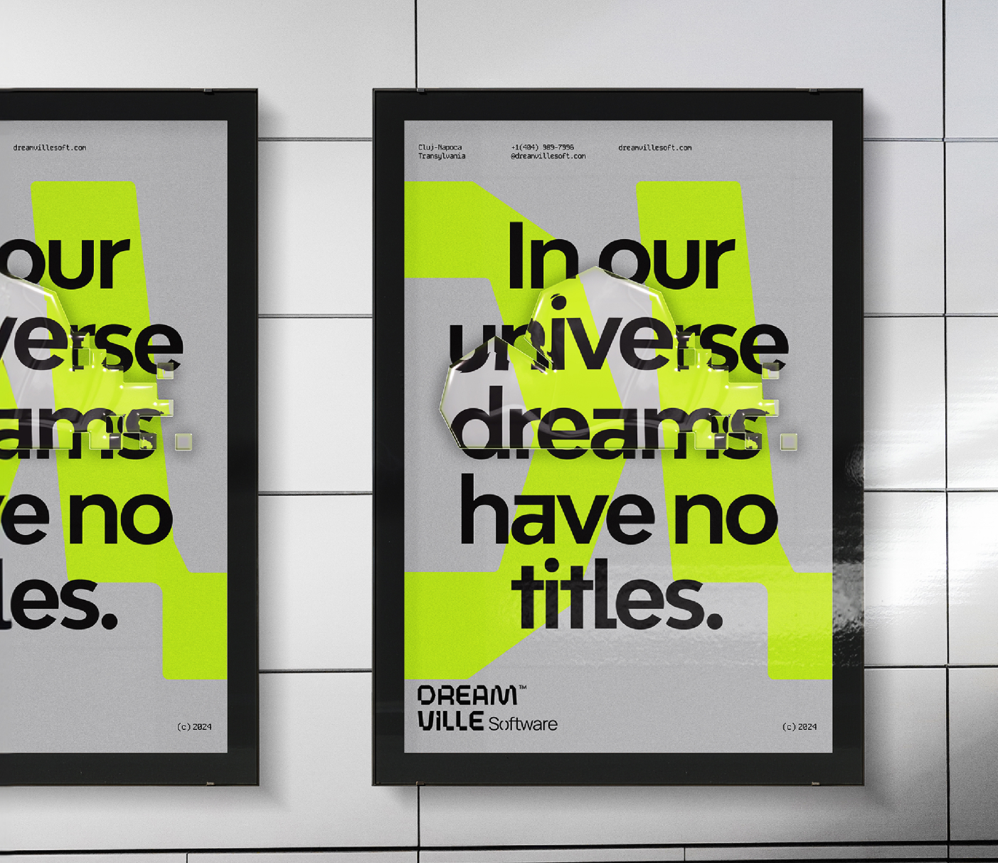 Dream Ville Software typographic posters displayed on a tiled wall
