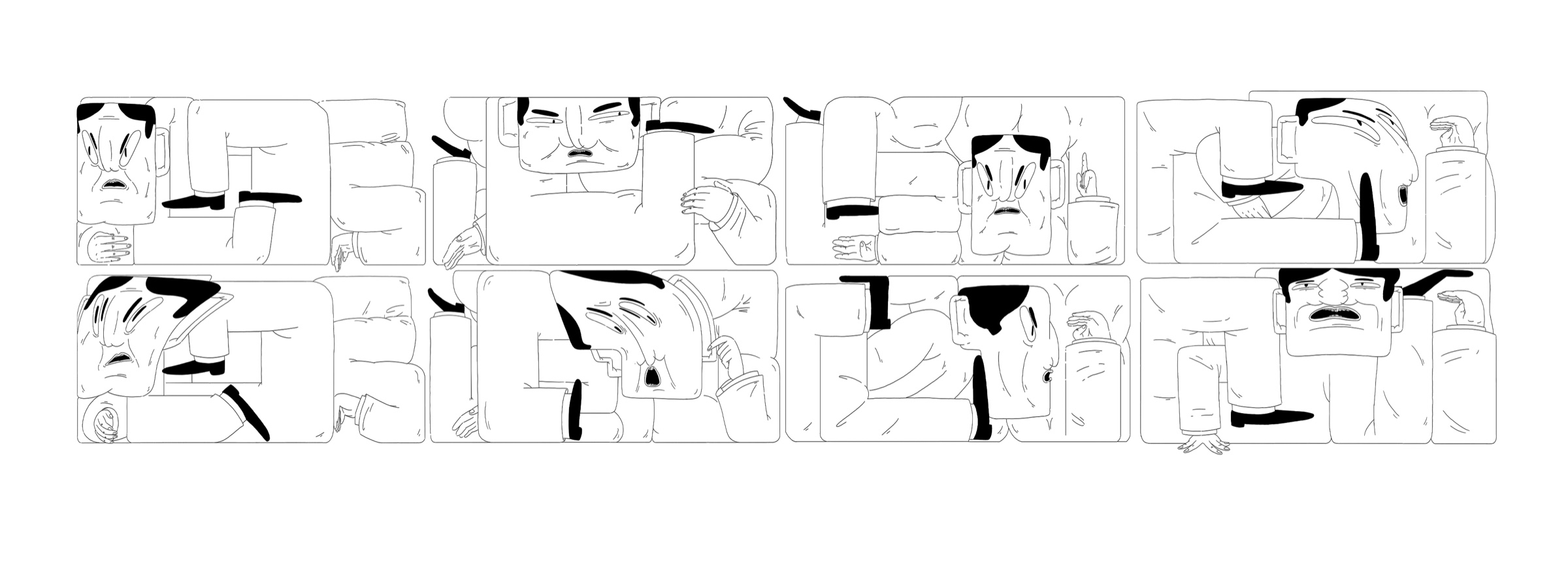 Character layout sheet composed from modular rectangular forms