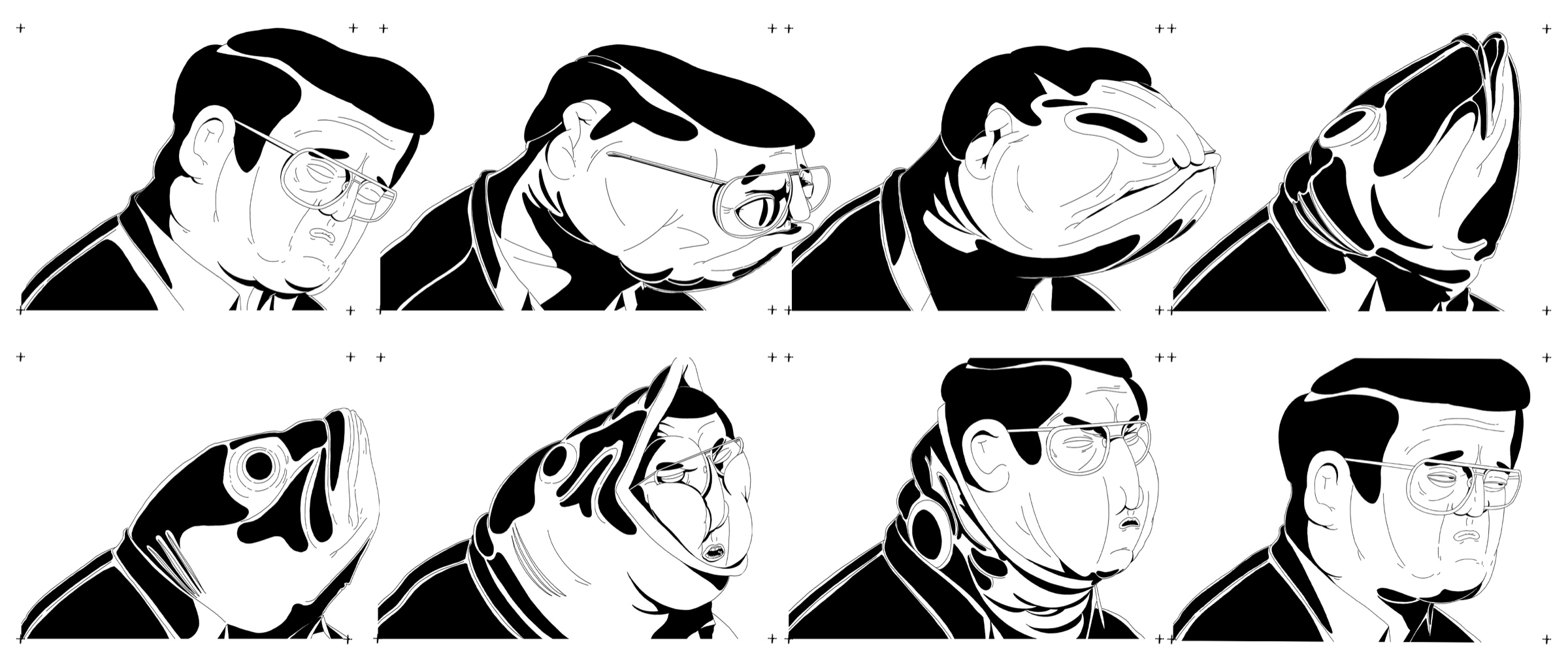 Character transformation sheet showing a man changing into a fish