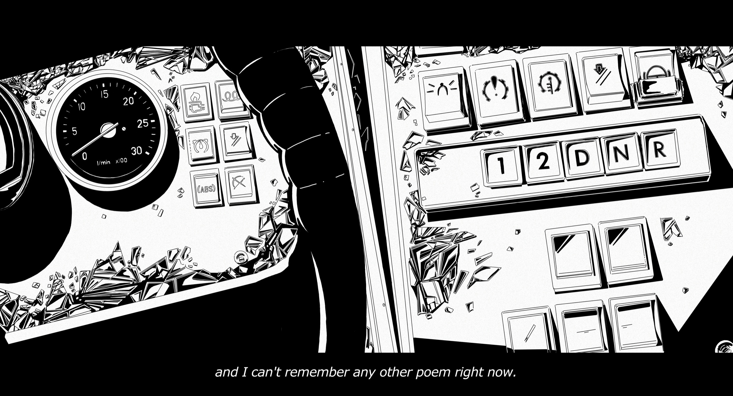 Illustrated vehicle dashboard scene from Lesser of Two Evils