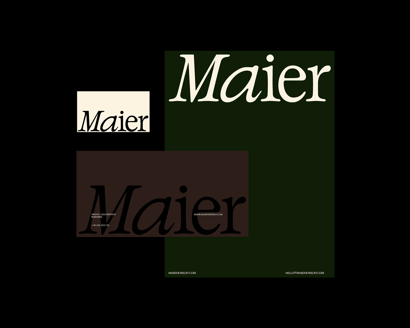 Maier Jewelry wordmark applications in ivory, green and brown